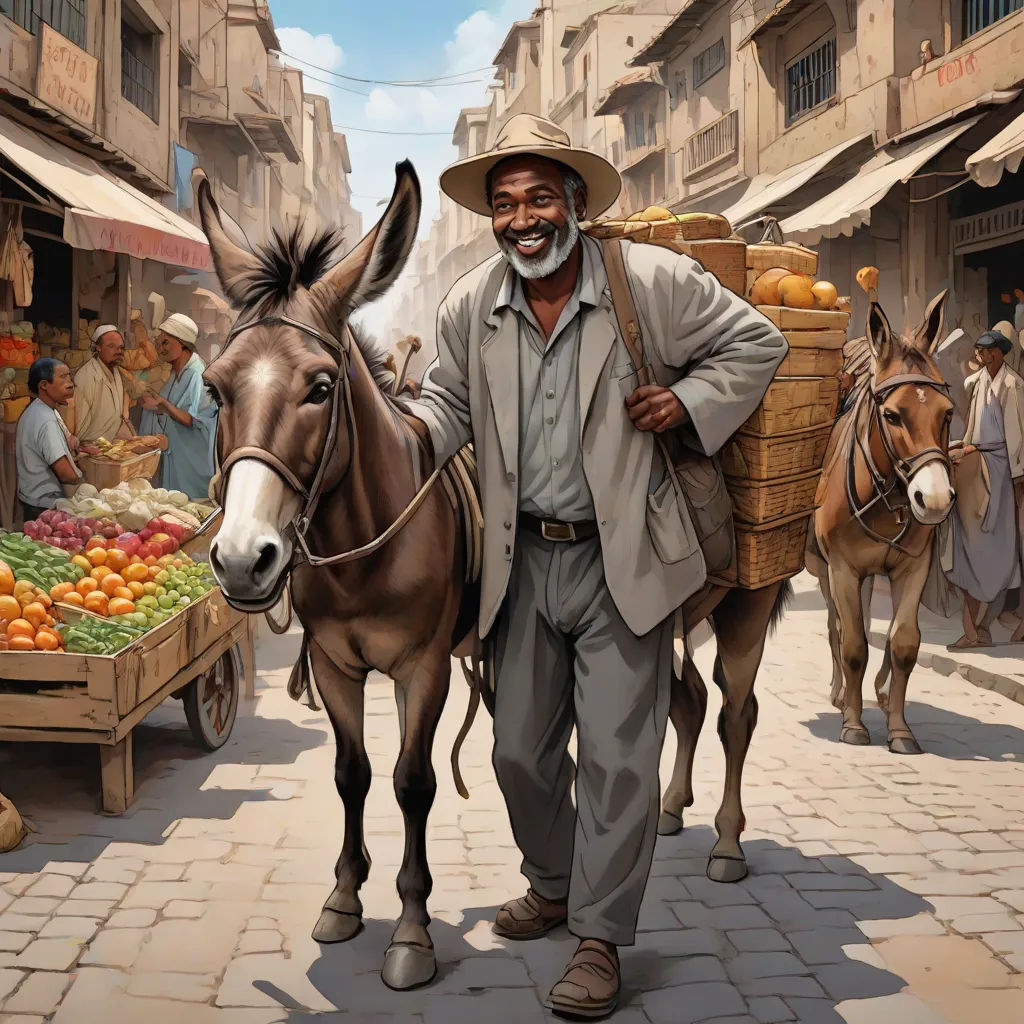 a man walking down a street with a donkey and a cart of fruit on the side of the road, figurative art, a storybook illustration, Clint Cearley, highly detailed digital painting