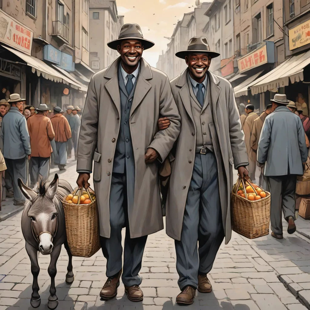 two men walking down a street with baskets of fruit in each hand and a donkey in the other hand, harlem renaissance, a digital painting, Ernie Barnes, highly detailed digital painting