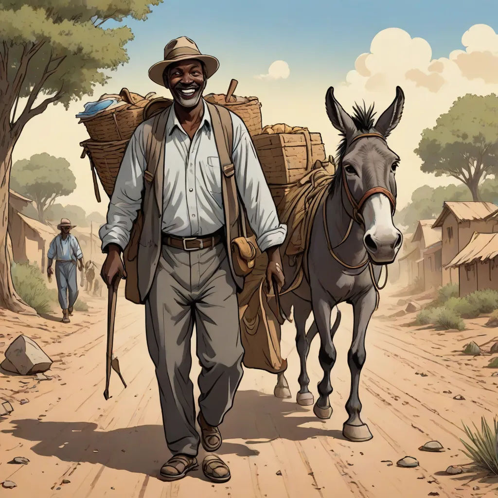 a man walking down a dirt road with a donkey and a cart on his back, with a man walking behind him, american scene painting, a storybook illustration, Albert Namatjira, western comic book art