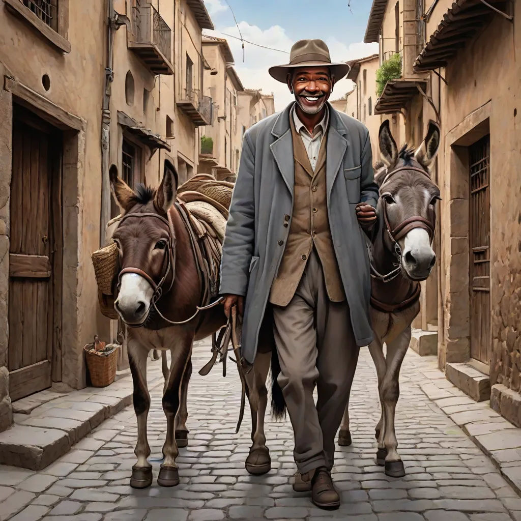 a man walking down a street with two donkeys on a cobblestone street next to buildings and a cobblestone walkway, photorealism, a detailed matte painting, Bob Byerley, highly detailed digital painting