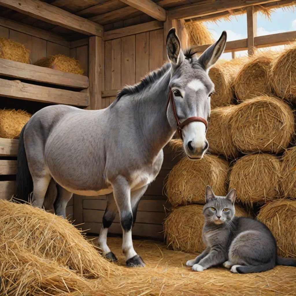 a horse and a cat are in a barn with hay bales and bales of hay in the background, hyperrealism, a storybook illustration, Chris LaBrooy, animal photography