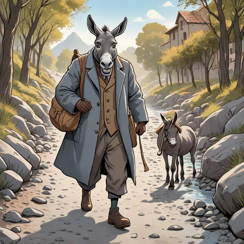 a donkey and a man walking down a path in a cartoon style with a donkey in the background and a house in the background, altermodern, a storybook illustration, David Teniers III, storybook illustration