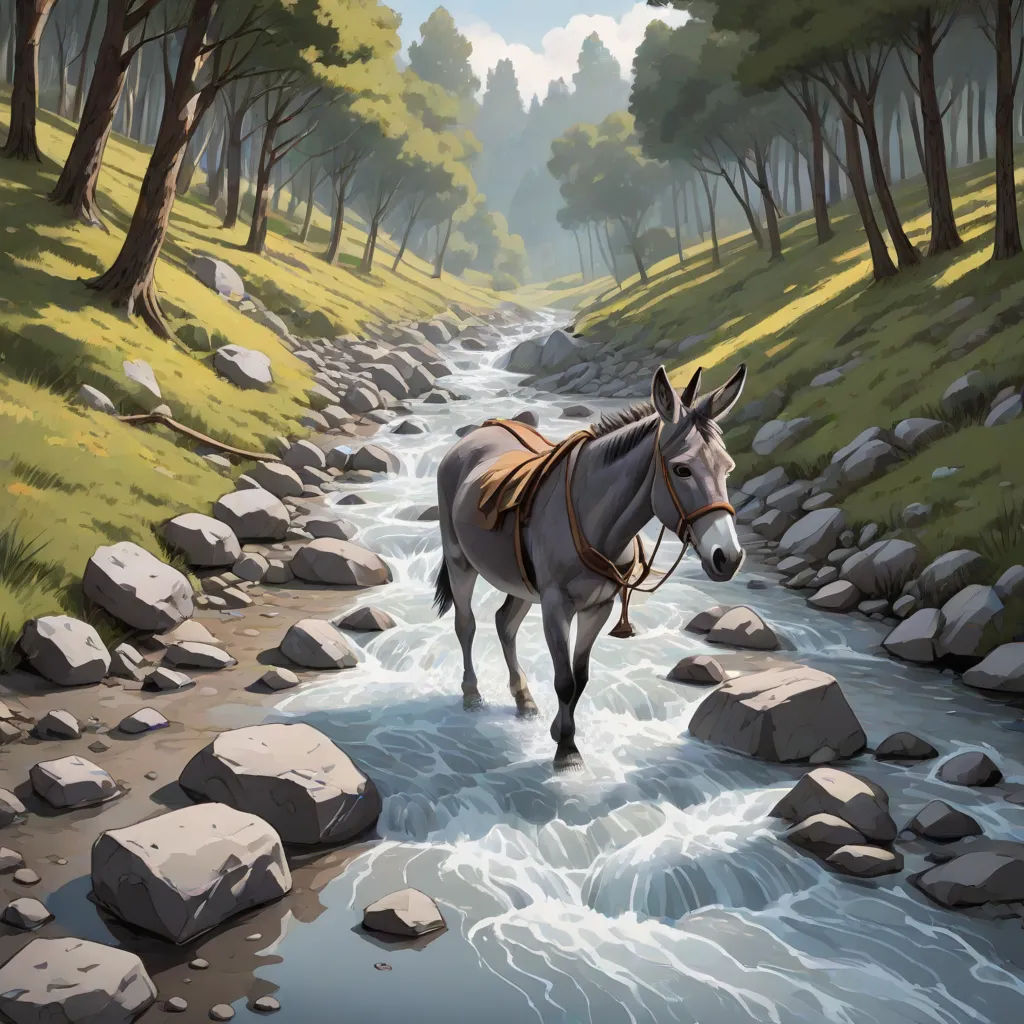 a horse is walking through a stream in the woods with rocks and grass on the side of the stream, fantasy art, a storybook illustration, Andreas Rocha, magic the gathering artwork