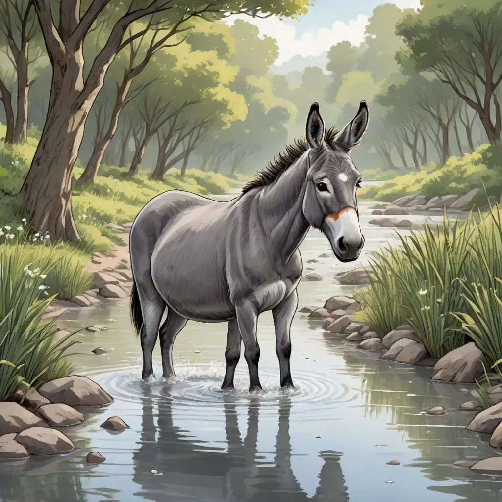 a painting of a donkey standing in a stream of water near a forest with rocks and grass and trees, american scene painting, a storybook illustration, Chris LaBrooy, storybook illustration