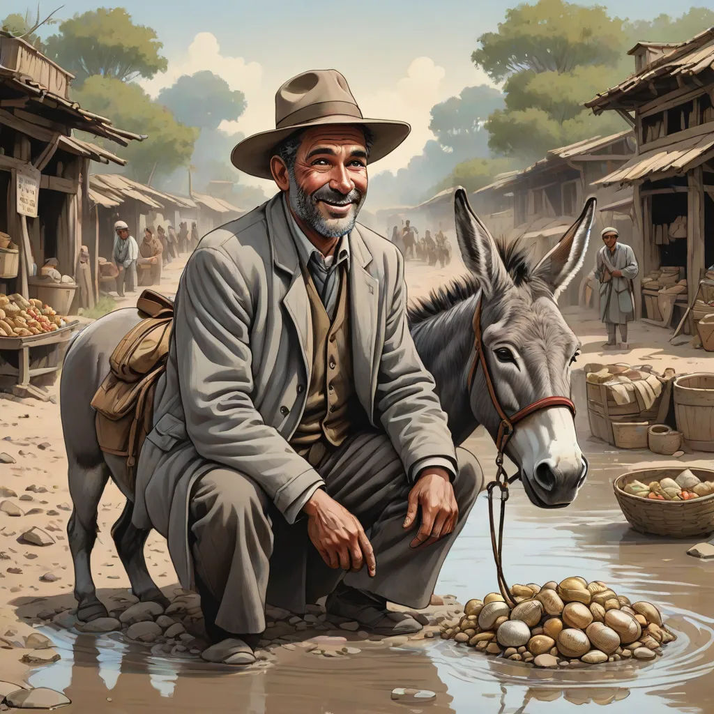 a man kneeling down next to a donkey near a river with eggs in it and a basket of eggs in the water, american scene painting, a storybook illustration, Bob Byerley, western comic book art