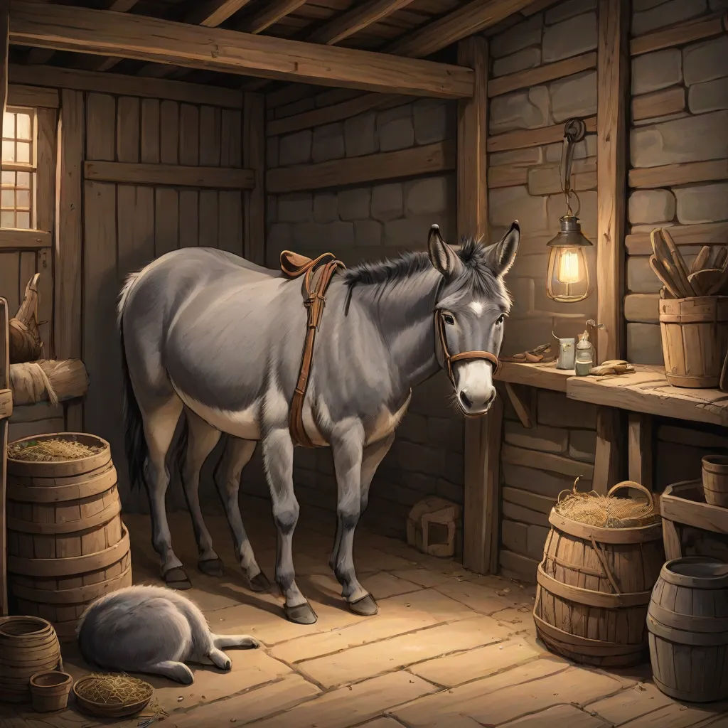 a horse standing in a barn next to a barrel and a lamp on a table with a cat on it, fantasy art, a storybook illustration, David Teniers III, storybook illustration