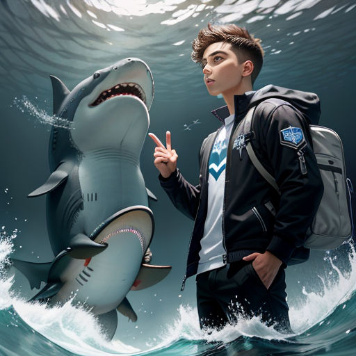a man standing next to a shark in the ocean with a backpack on his back and a shark in the water