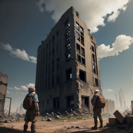 two men standing in front of a building that has been destroyed in the middle of the day with a sky background