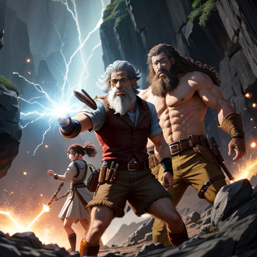 a group of people standing in front of a cave with lightning in the background and a man with a beard