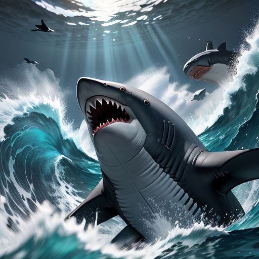 a shark with a large mouth in the ocean with a shark flying above it and a shark boat in the background