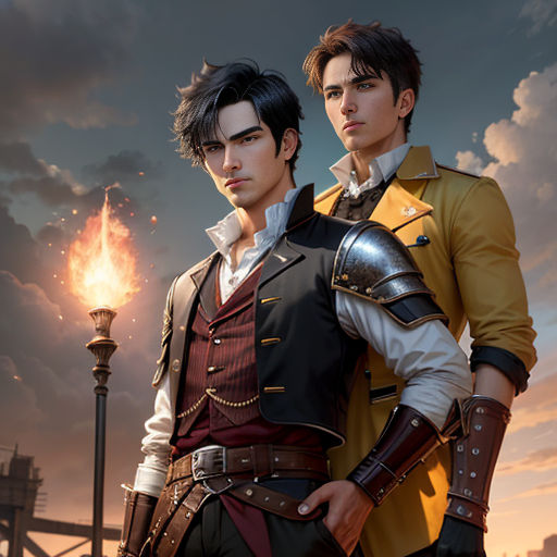 two men in costumes standing next to each other in front of a sky with clouds and a fire in the background