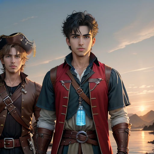 two men in pirate costumes standing next to each other on a beach at sunset with a boat in the background
