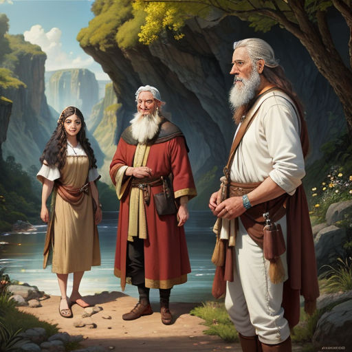 a painting of a man and woman standing next to a man in a red outfit and a woman in a white dress