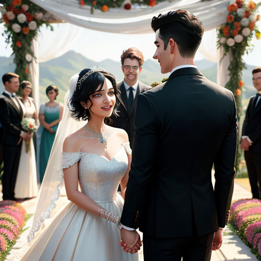 a bride and groom standing under a wedding arch with a mountain view in the background at their wedding ceremony