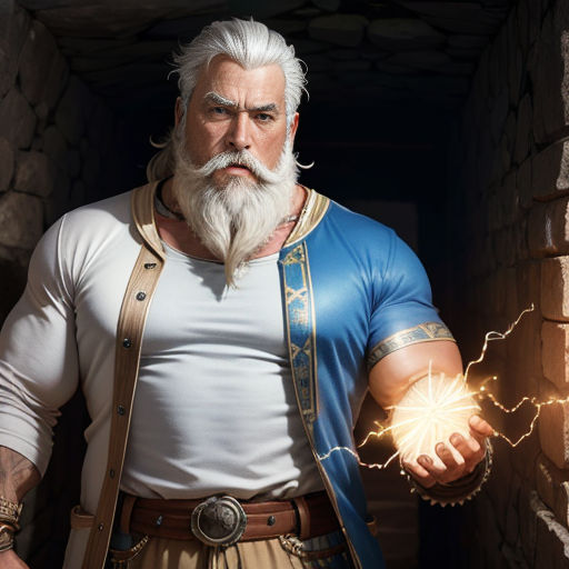 a man with a beard and a white beard holding a glowing ball in his hand and a white beard