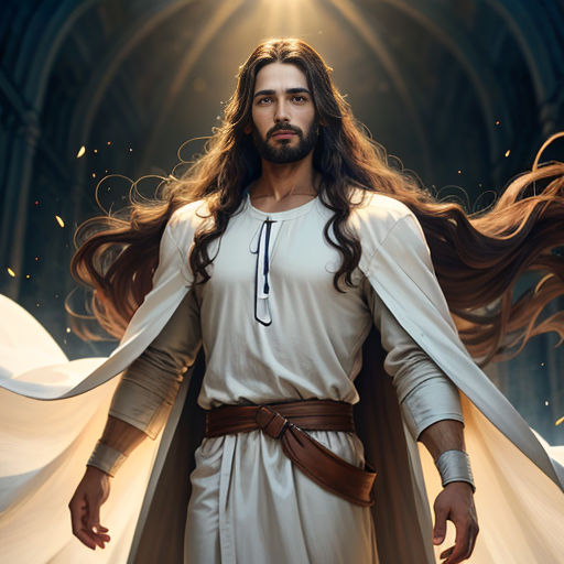 a man with long hair and a beard wearing a white outfit and cape with a flowing flowing hair behind him