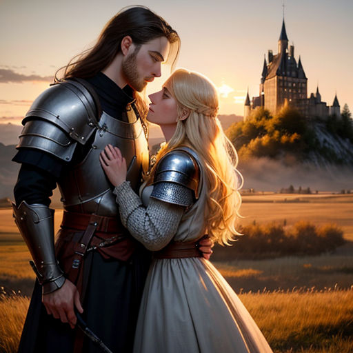a man and a woman in medieval costumes kissing in front of a castle at sunset with a castle in the background