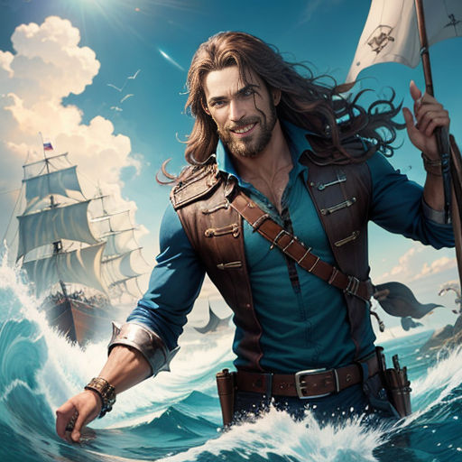 a man in a pirate costume holding a flag in the ocean with a ship in the background and a ship in the water