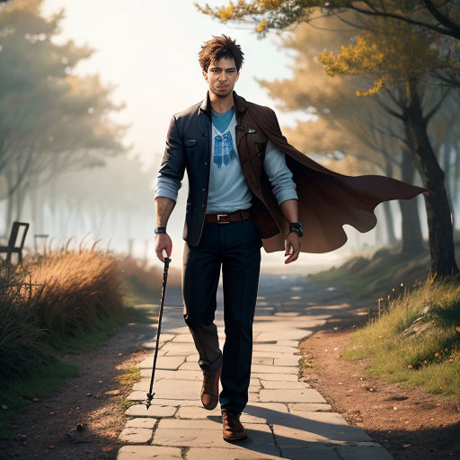 a man walking down a path with a cane and a cape on his head and a cane in his hand