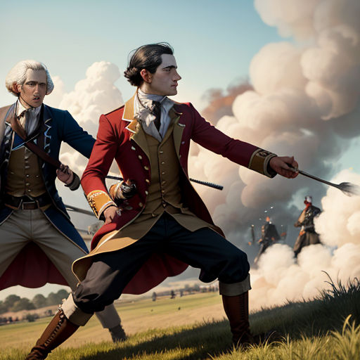 two men in historical clothing fighting with each other in a field with smoke billowing from the sky behind them