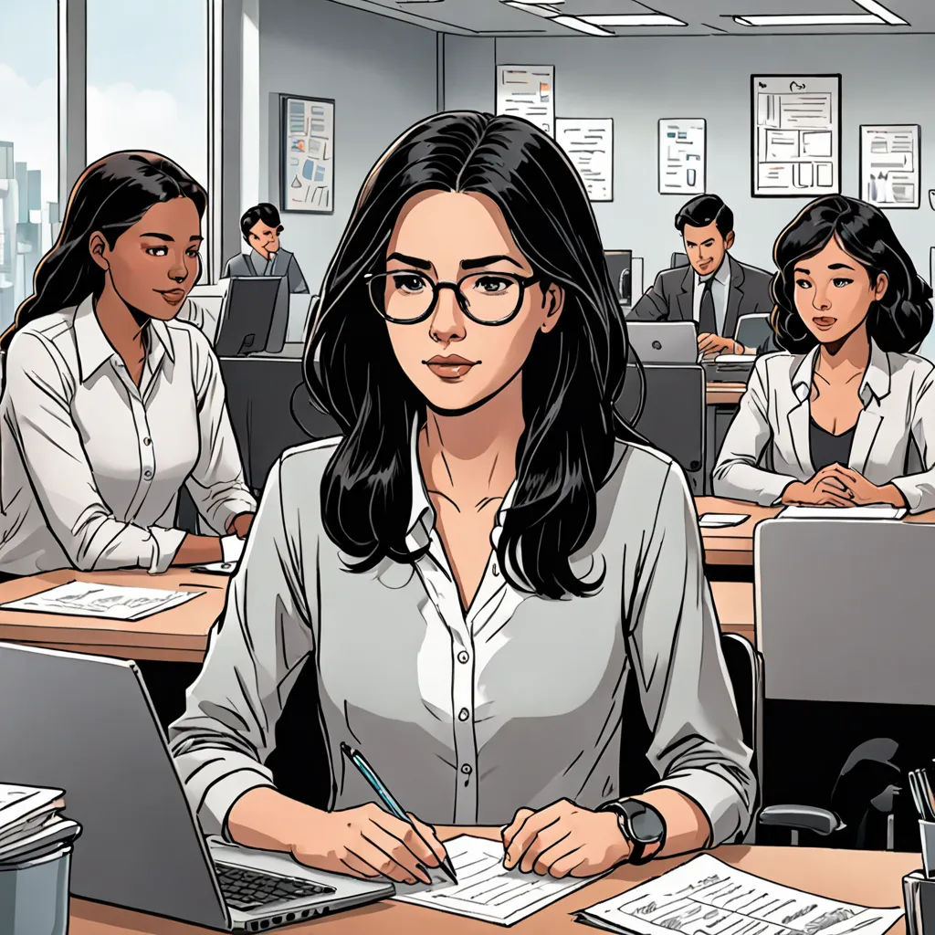 a woman sitting at a desk with a laptop computer in front of her and other people in the background, les automatistes, a comic book panel, Audrey Kawasaki, high detail illustration
