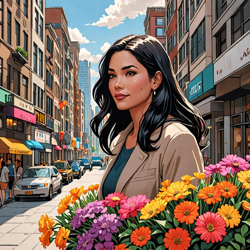 a woman is standing on a city street with flowers in her hand and a car parked on the side of the street, photorealism, a character portrait, Artgerm, comic cover art