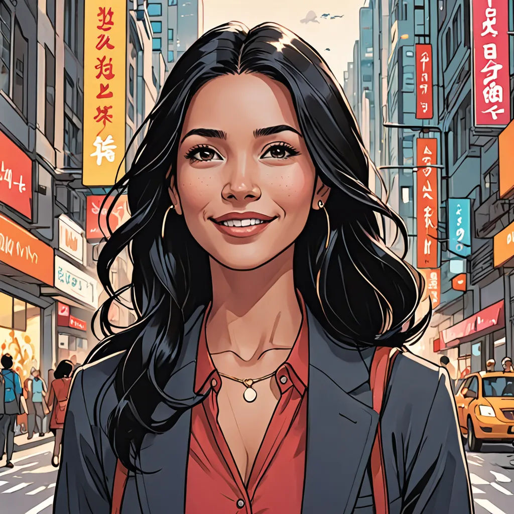 a woman in a red shirt and black jacket standing in front of a city street with tall buildings and signs, international typographic style, a character portrait, Artgerm, stanley artgerm lau