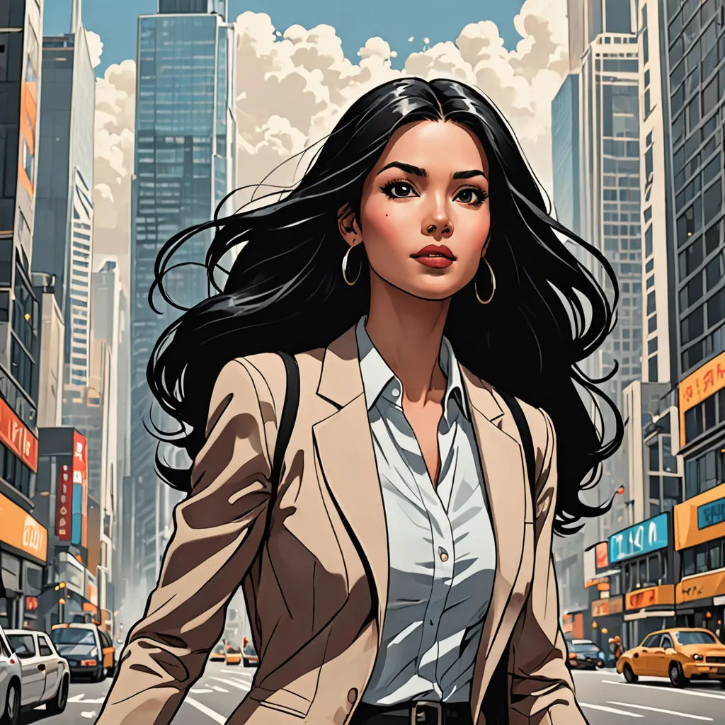 a woman in a suit is walking down the street with a city in the background and a taxi cab, lyco art, a character portrait, Artgerm, comic cover art