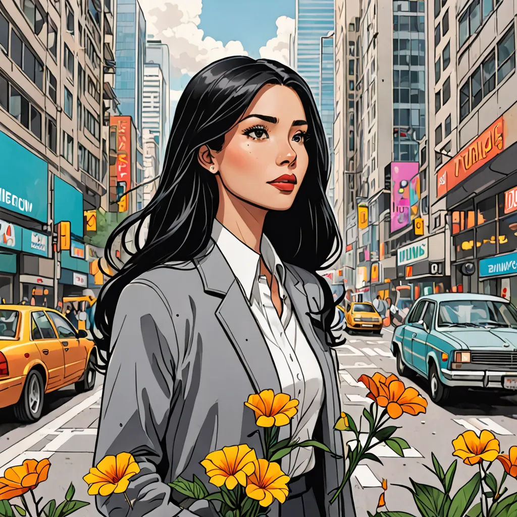 a woman in a suit and yellow flowers in a city street with tall buildings and cars on the street, lyco art, a comic book panel, Artgerm, comic cover art