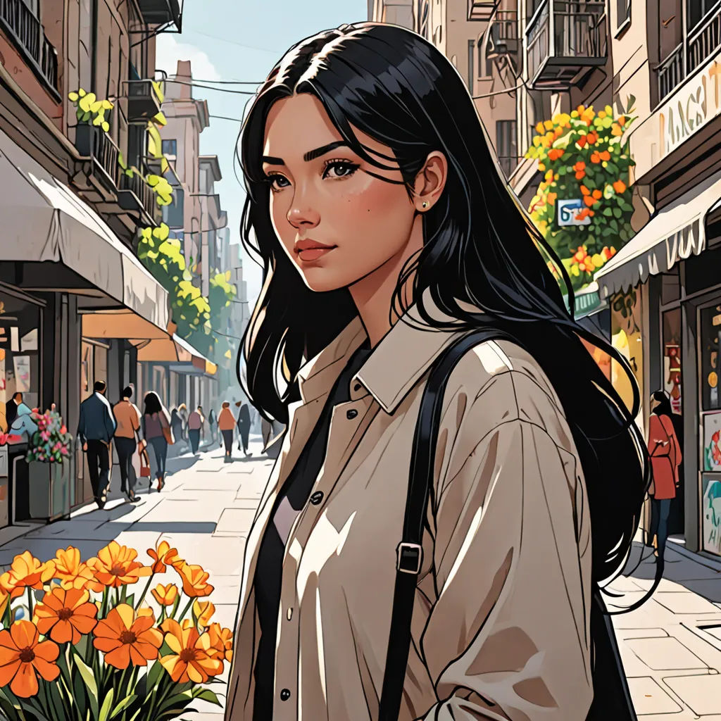 a woman standing on a street holding a vase of flowers in her hand and looking at the camera with a city street in the background, aestheticism, a comic book panel, Artgerm, stanley artgerm lau