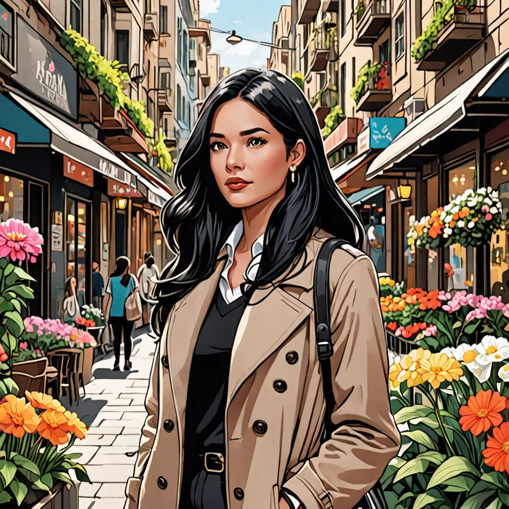 a woman standing in a street with flowers in the background and a man walking by her on the sidewalk, modern european ink painting, a comic book panel, Colin Middleton, comic cover art