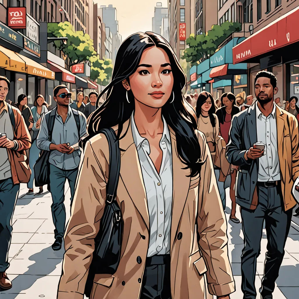 a woman walking down a street next to a crowd of people on a city street with buildings in the background, american realism, a comic book panel, Asaf Hanuka, comic cover art