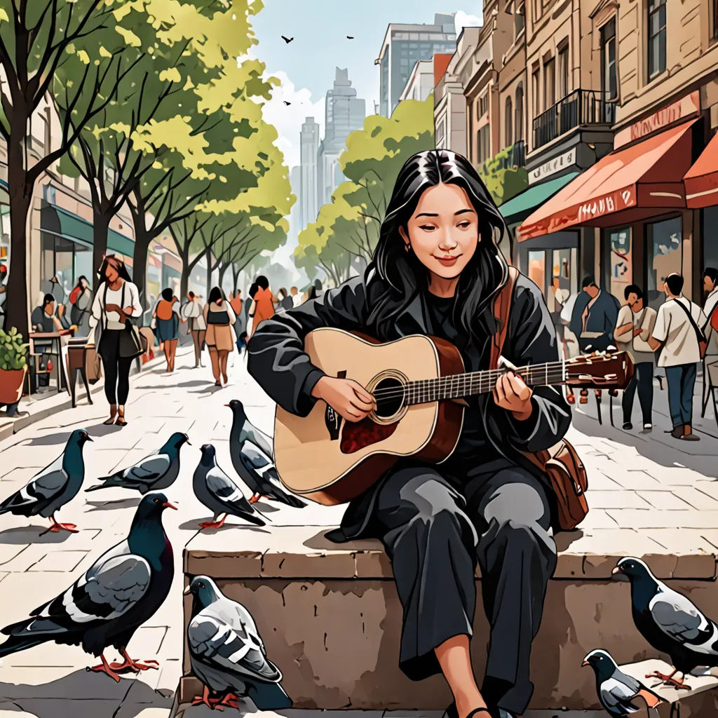 a woman sitting on a bench playing a guitar surrounded by pigeons in a city square with people walking around, american scene painting, a storybook illustration, Choi Buk, detailed illustration