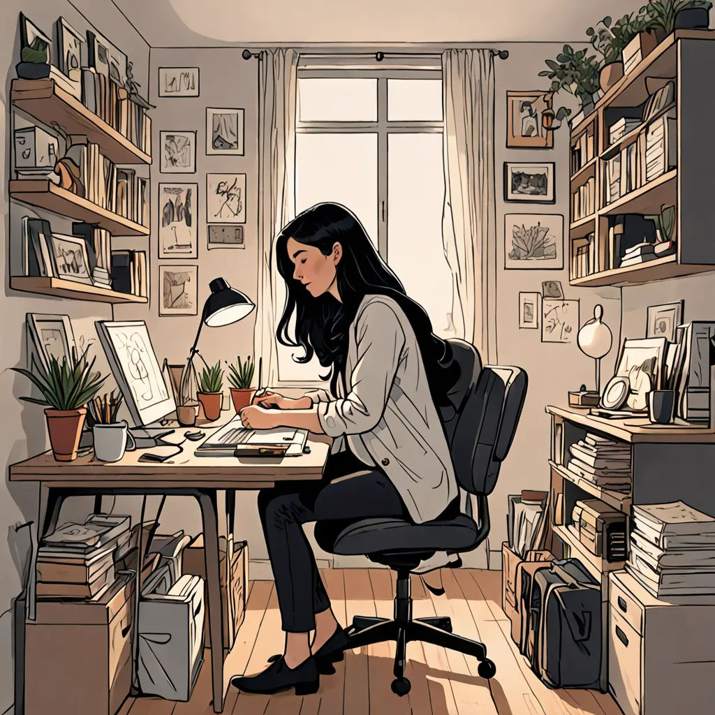 a woman sitting at a desk in a room with a book shelf and a window with a window curtain, process art, a comic book panel, Asaf Hanuka, art station
