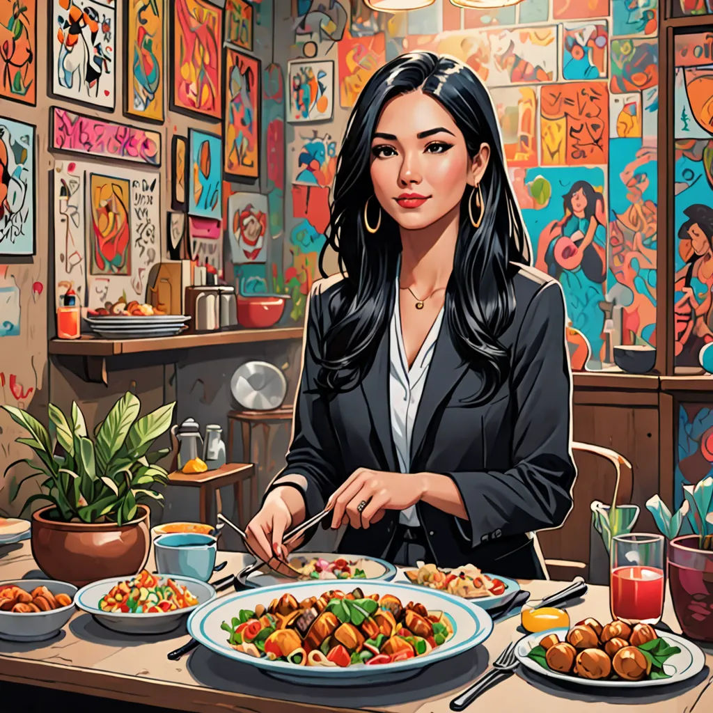 a woman sitting at a table with a plate of food in front of her and a potted plant, lyco art, a character portrait, Chen Hong, high detail illustration