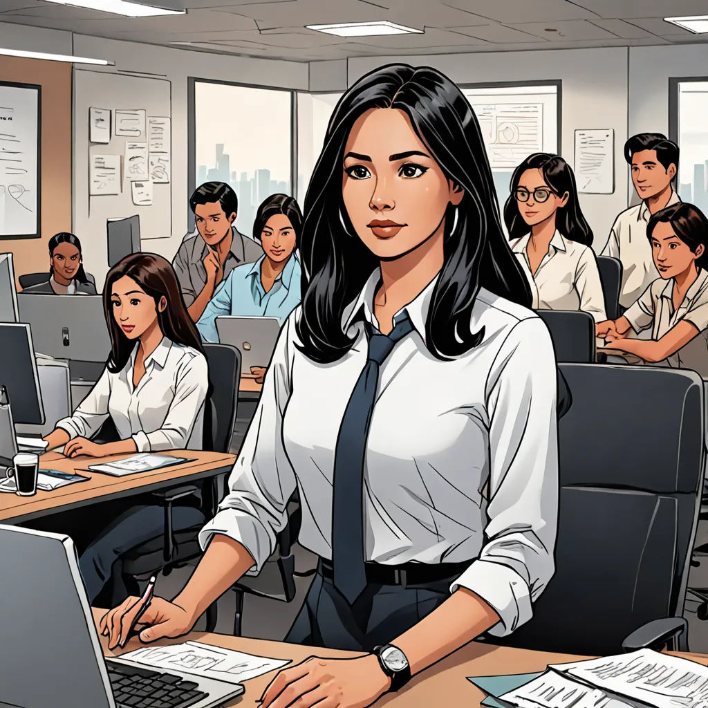 a woman in a tie is sitting at a desk with a laptop in front of her and a group of people behind her, private press, a comic book panel, Artgerm, comic cover art
