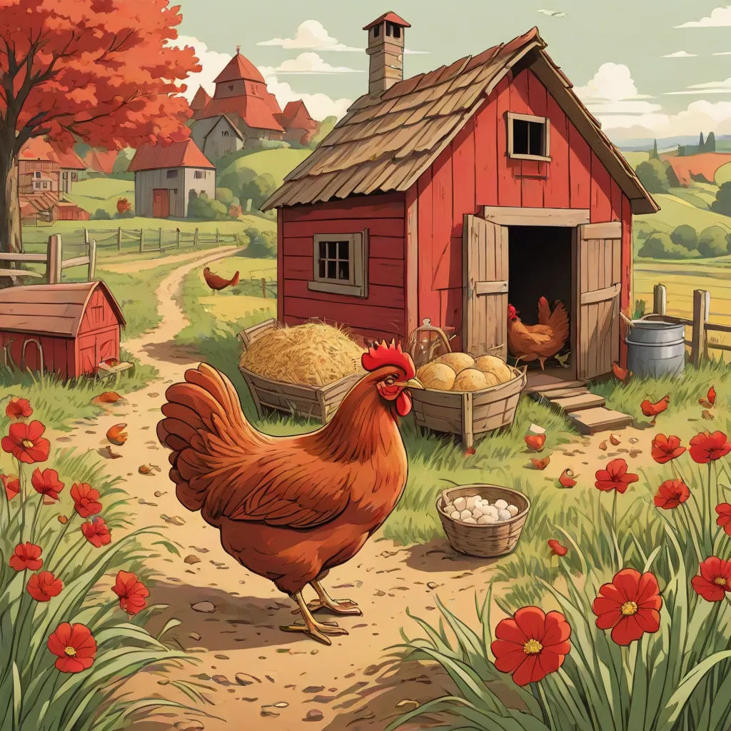 a chicken and a hen in a farm yard with a red barn and red flowers in the background and a red barn with a red roof, american scene painting, a storybook illustration, Chris LaBrooy, storybook illustration