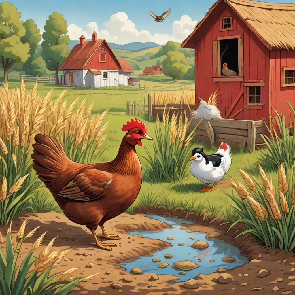 a painting of two chickens in a farm yard with a barn in the background and a bird flying over the pond, american scene painting, a storybook illustration, Chris LaBrooy, storybook illustration