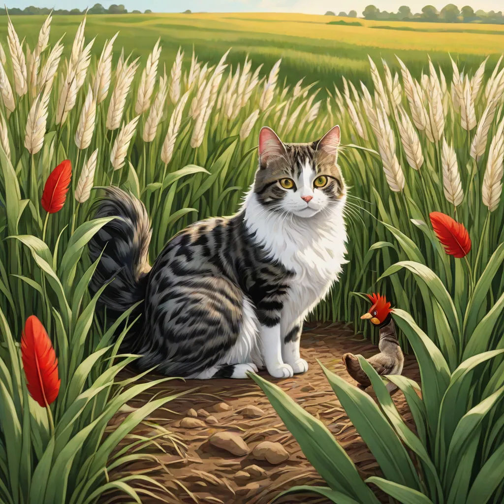 a cat sitting in a field of grass with a bird nearby by it's side and a bird in the foreground, furry art, a storybook illustration, Arie Smit, official art