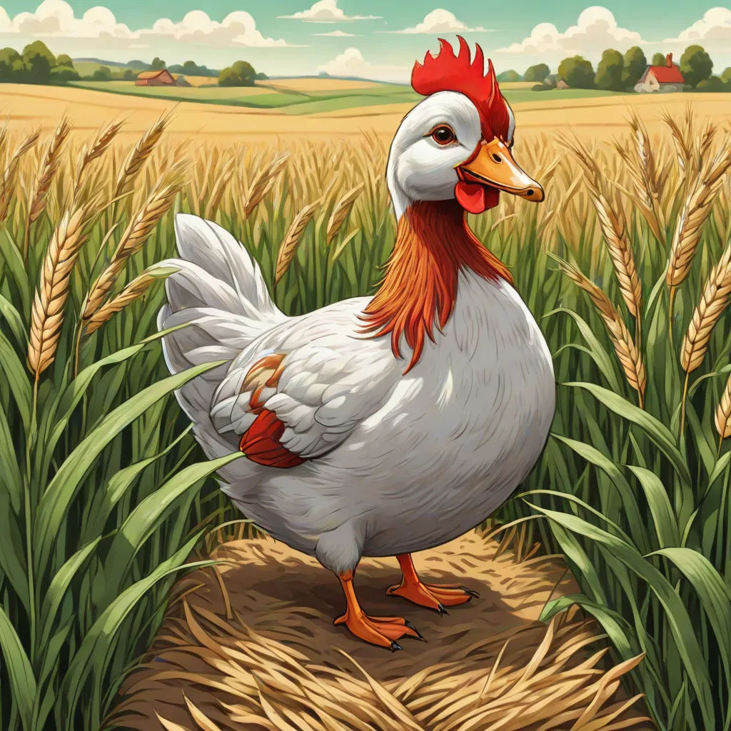 a white chicken standing in a field of wheat with a red comb on its head and a red beak, symbolism, a storybook illustration, Chris LaBrooy, ultra realistic illustration