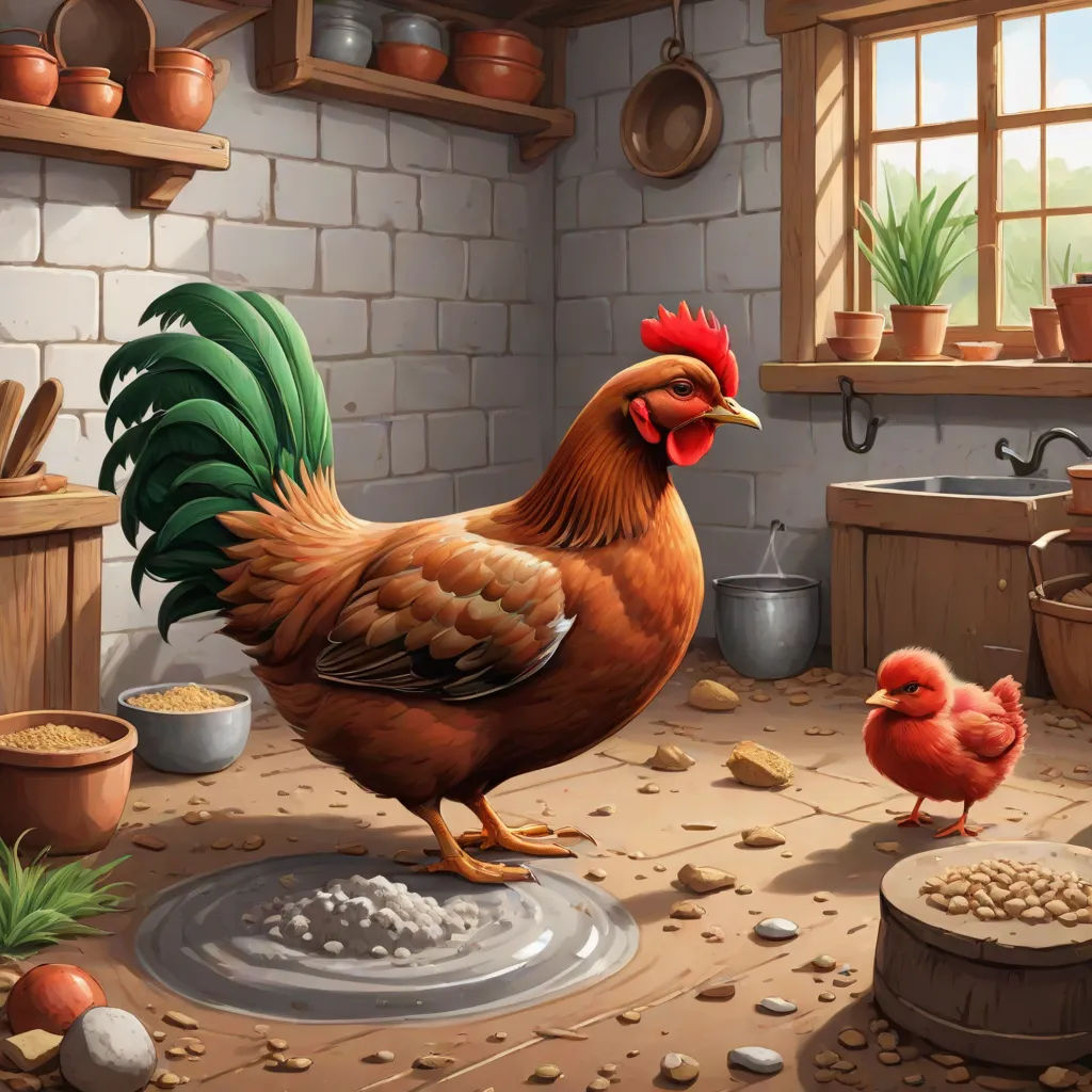 a chicken and two chickens in a kitchen with a brick wall and a window above them, and a potted plant in the corner, american scene painting, a storybook illustration, Anne Said, storybook illustration