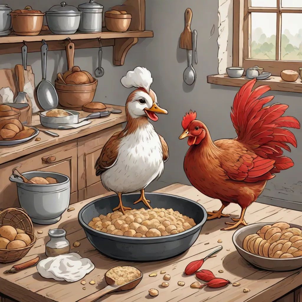 a chicken and a chicken in a kitchen next to a bowl of food and a pan of peanuts on a table, american scene painting, a storybook illustration, Chris LaBrooy, storybook illustration