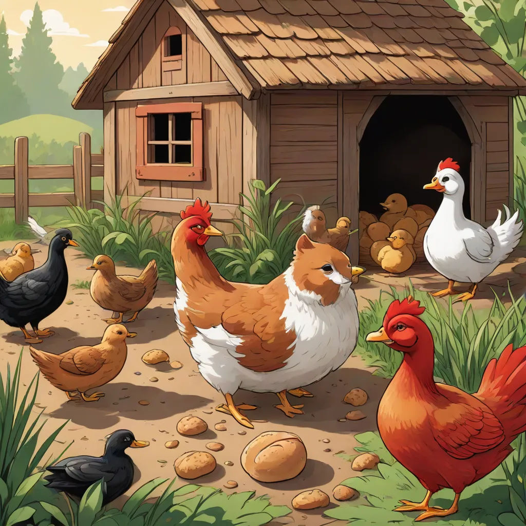 a group of chickens standing around a chicken coop in a field with a barn in the background and a doghouse in the background, lyco art, a storybook illustration, Chris LaBrooy, storybook illustration