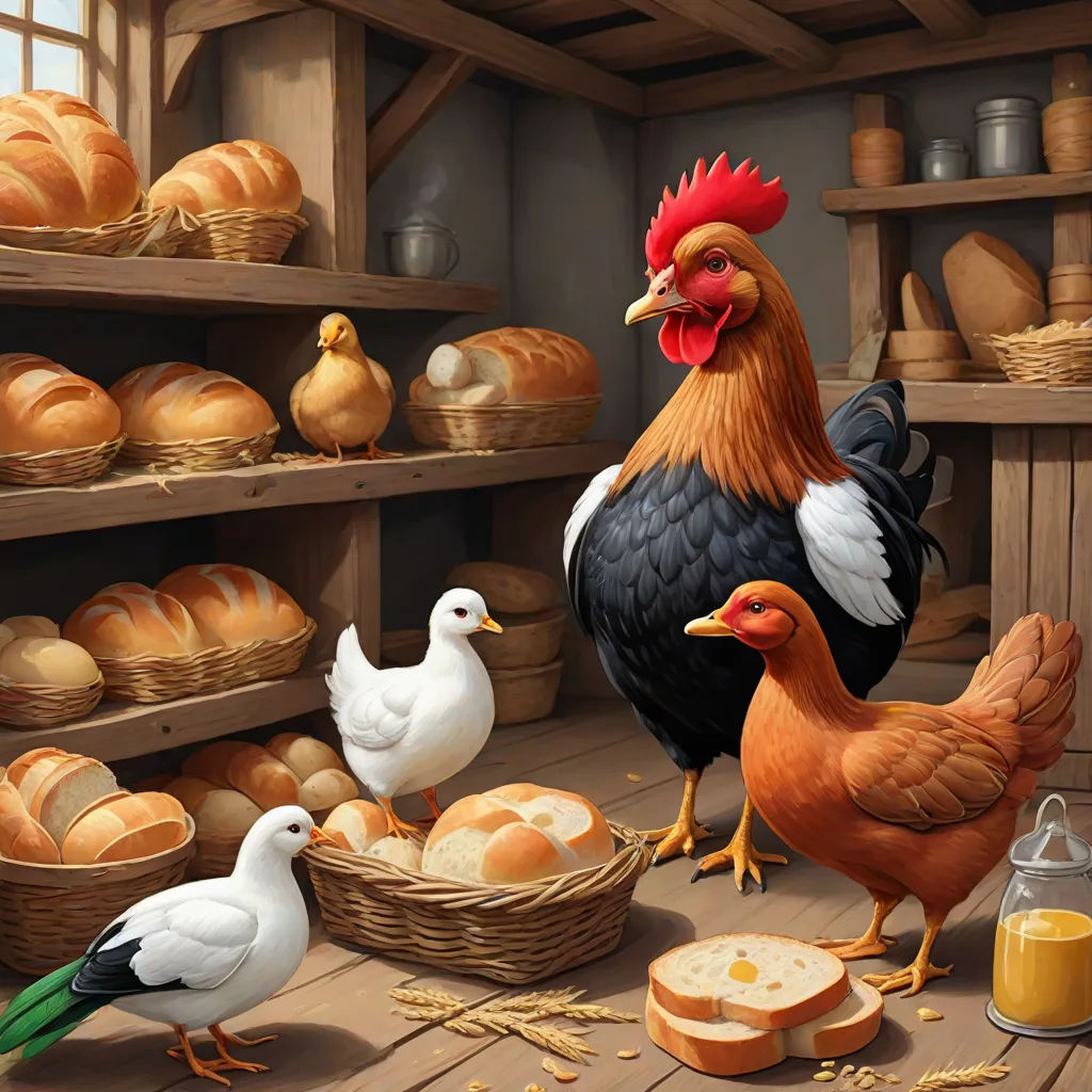 a painting of chickens and chickens in a bakery with bread and eggs in the background and a carton of eggs in the foreground, folk art, a storybook illustration, Chris LaBrooy, storybook illustration