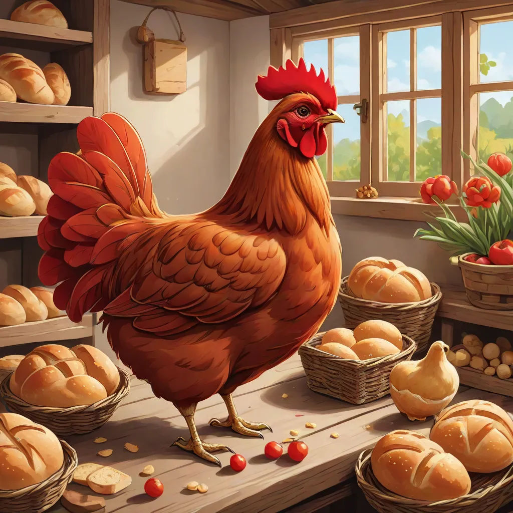 a chicken standing on a counter surrounded by bread and eggs in baskets and baskets of eggs in front of a window, symbolism, a storybook illustration, Chris LaBrooy, storybook illustration