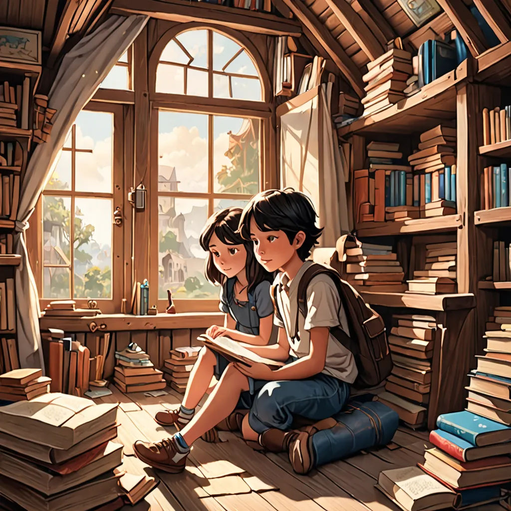 a couple of kids sitting on a floor in front of a window filled with books and bookshelves, Cyril Rolando, fantasy art, a storybook illustration, rossdraws global illumination
