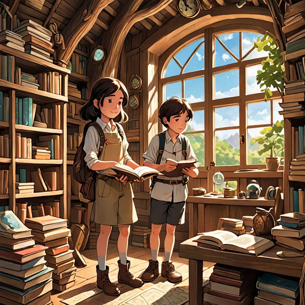 a couple of kids standing in a room with books on a table and a window with a view of a forest, Aaron Jasinski, fantasy art, a storybook illustration, rossdraws global illumination
