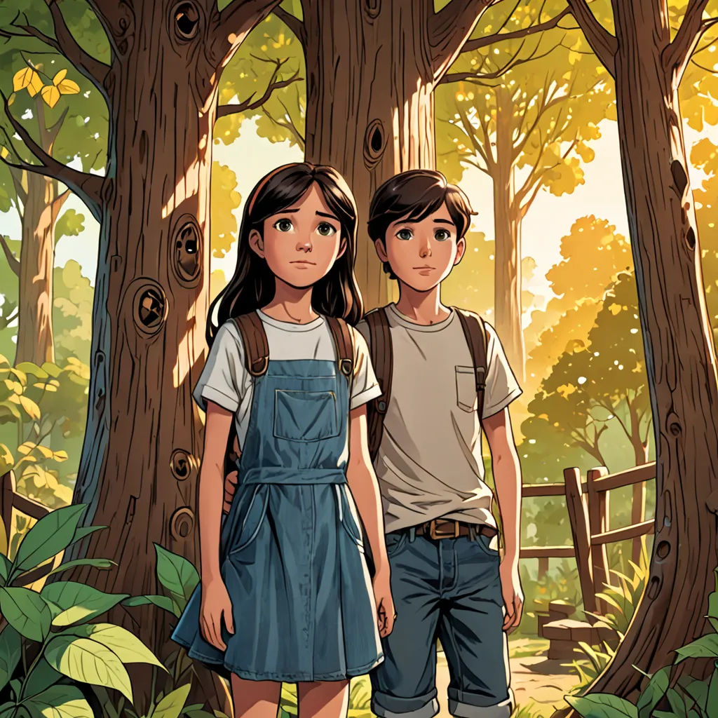 a boy and a girl standing in the woods next to a tree trunk and fence with a fence in the background, Diego Gisbert Llorens, process art, a storybook illustration, rossdraws global illumination