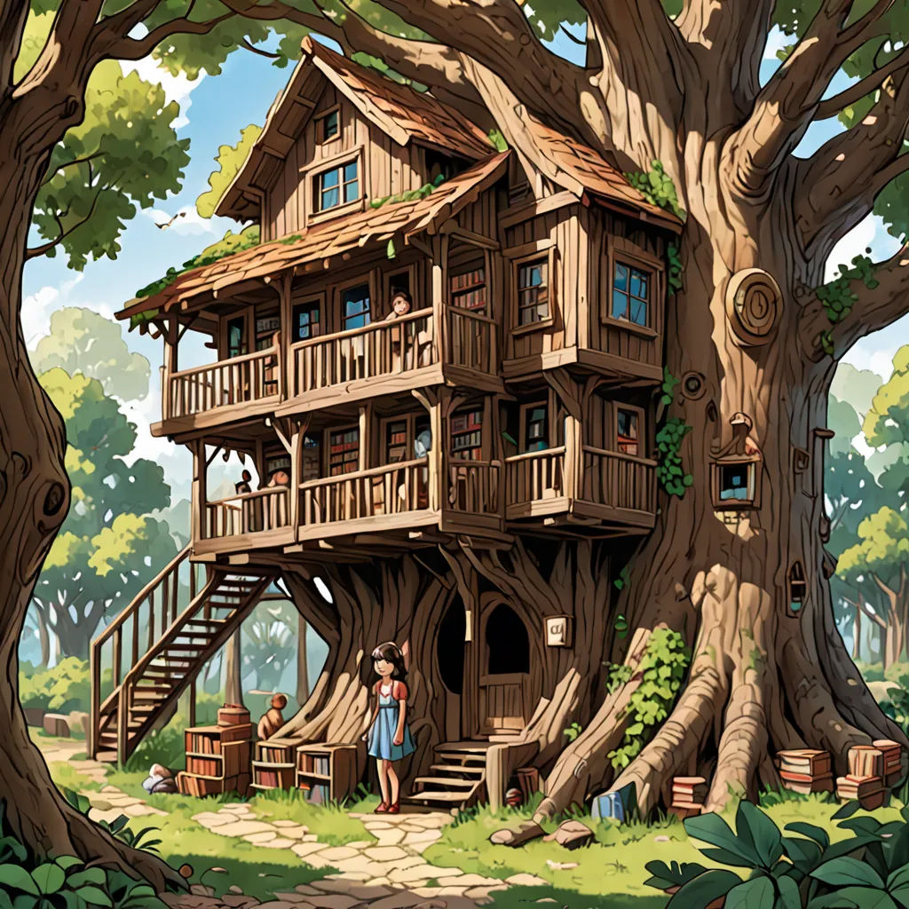 a tree house with a staircase and a woman standing in front of it in the woods with a tree, Chris LaBrooy, fantasy art, a storybook illustration, storybook illustration