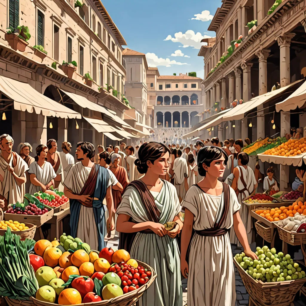 a painting of a market with people shopping in it and a woman in a dress standing in front of a fruit stand, David A Hardy, classical realism, a detailed matte painting, elysium